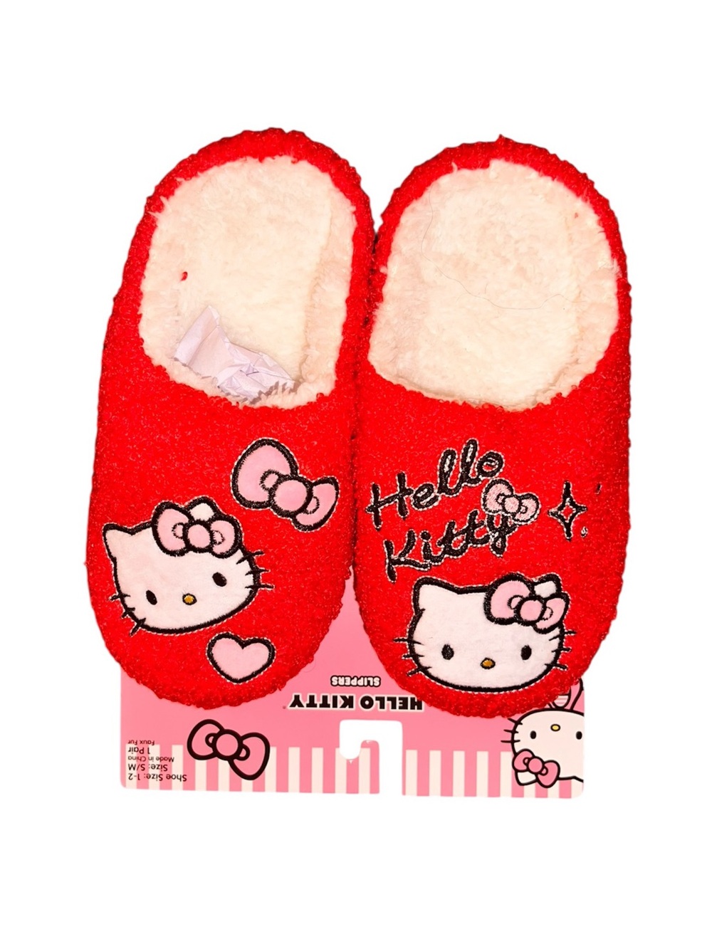 Hello Kitty Kids Red Sherpa Faux Fur Slippers Size 1-2